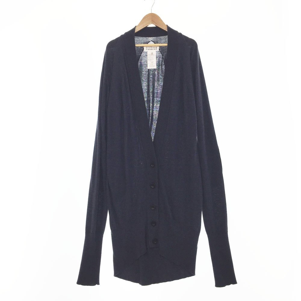 ★2014SS メゾンマルジェラ4 レザーエルボーパッチ ロングニットカーディガン レディース1 S ネイビー S51HA0503 S14804 1BB/93933拍卖