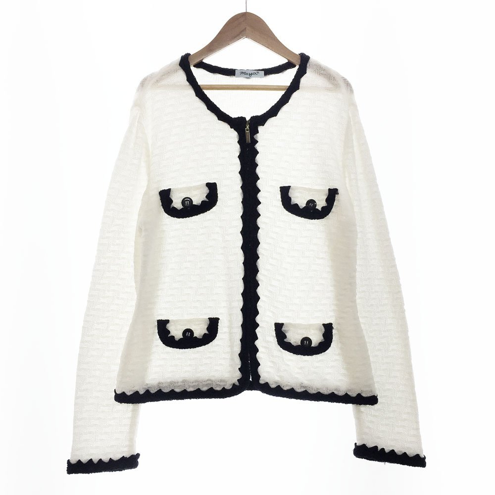 ★maya2 マヤツー 長袖 クルーネック ニットジャケット カーディガン 11号-13号 レディース ホワイト×ブラック アウター 1BB/93959拍卖