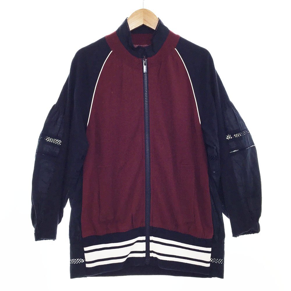 ★2017 sacai サカイ 7分袖 コットンカシミヤ ジップアウター 17-02974 サイズ2 レディース エンジ×ネイビー×ホワイト 2974 2BB/93976拍卖