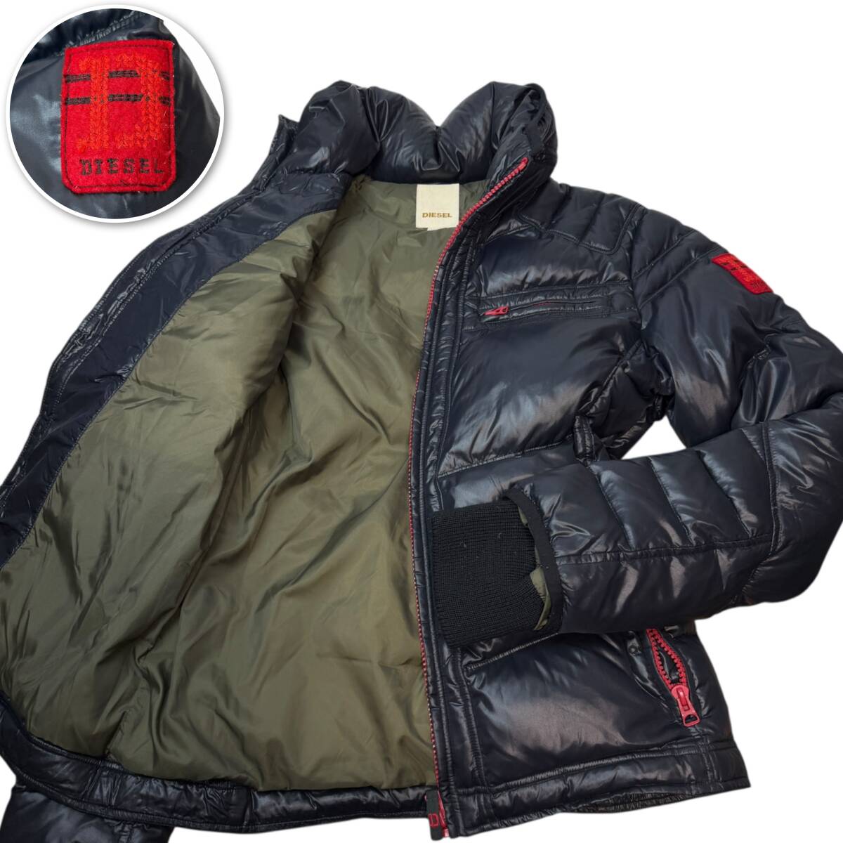 美品●希少XL DIESEL 3384 ダウンジャケット ブルゾン ロゴワッペン ブラック カーキ裏地 ディーゼル 肉厚 ライダース ロゴ刺繍拍卖