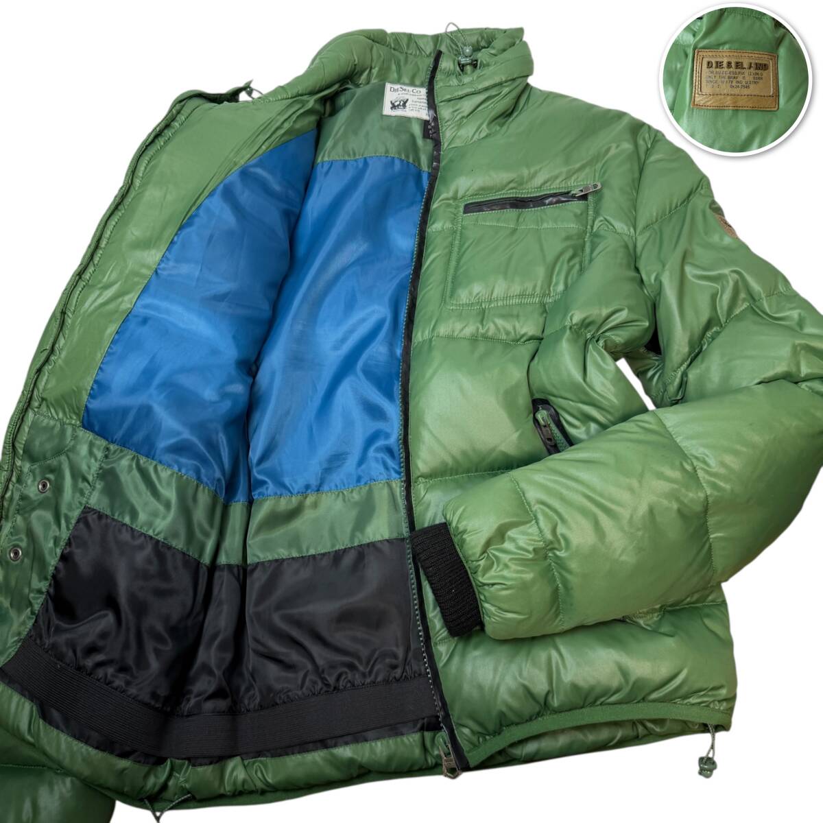 美品●XL相当 DIESEL 3388 ダウンジャケット ブルゾン 止水ジップ グリーン 緑 ディーゼル 肉厚 青裏地 レザータグ ライダース拍卖