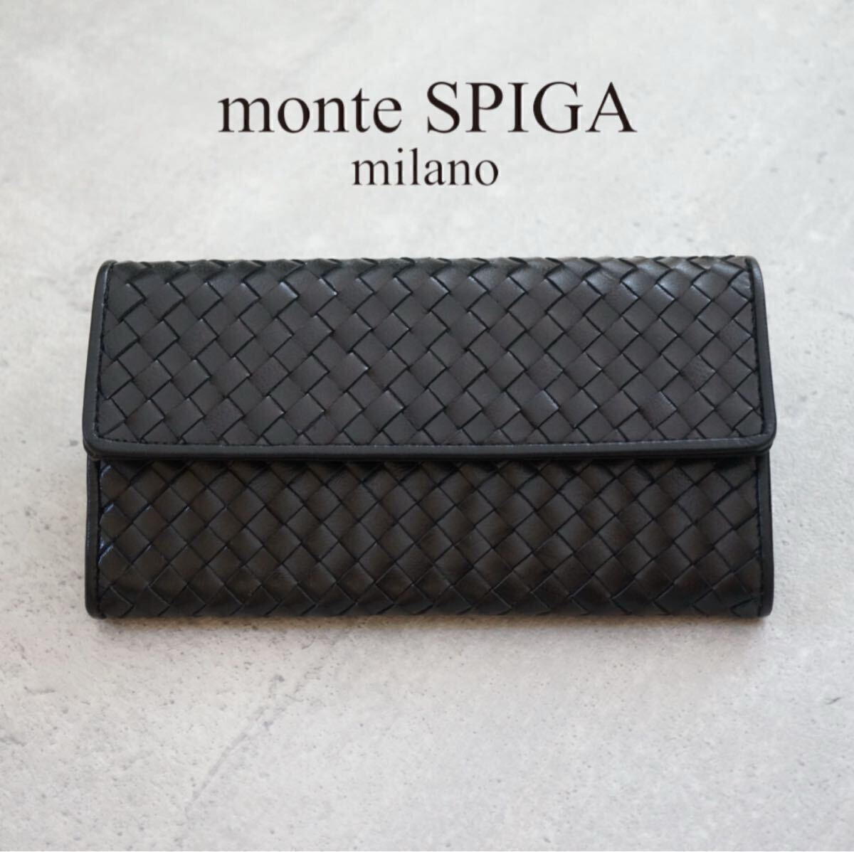 monte SPIGA-モンテスピガ◎フラップ長財布 小銭入れつき 本革 羊革 ブラック メンズ レディース拍卖