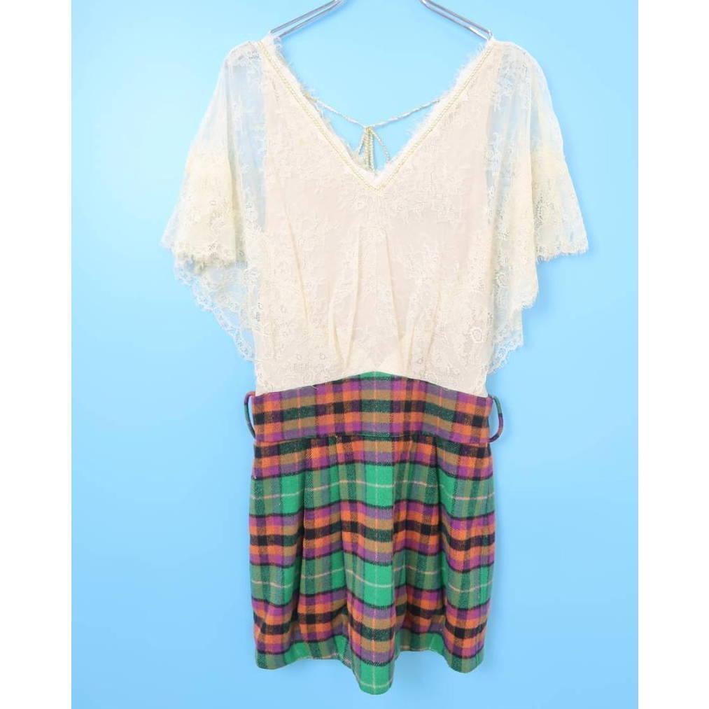 Language ランゲージ レース切替ウールチェックワンピース拍卖