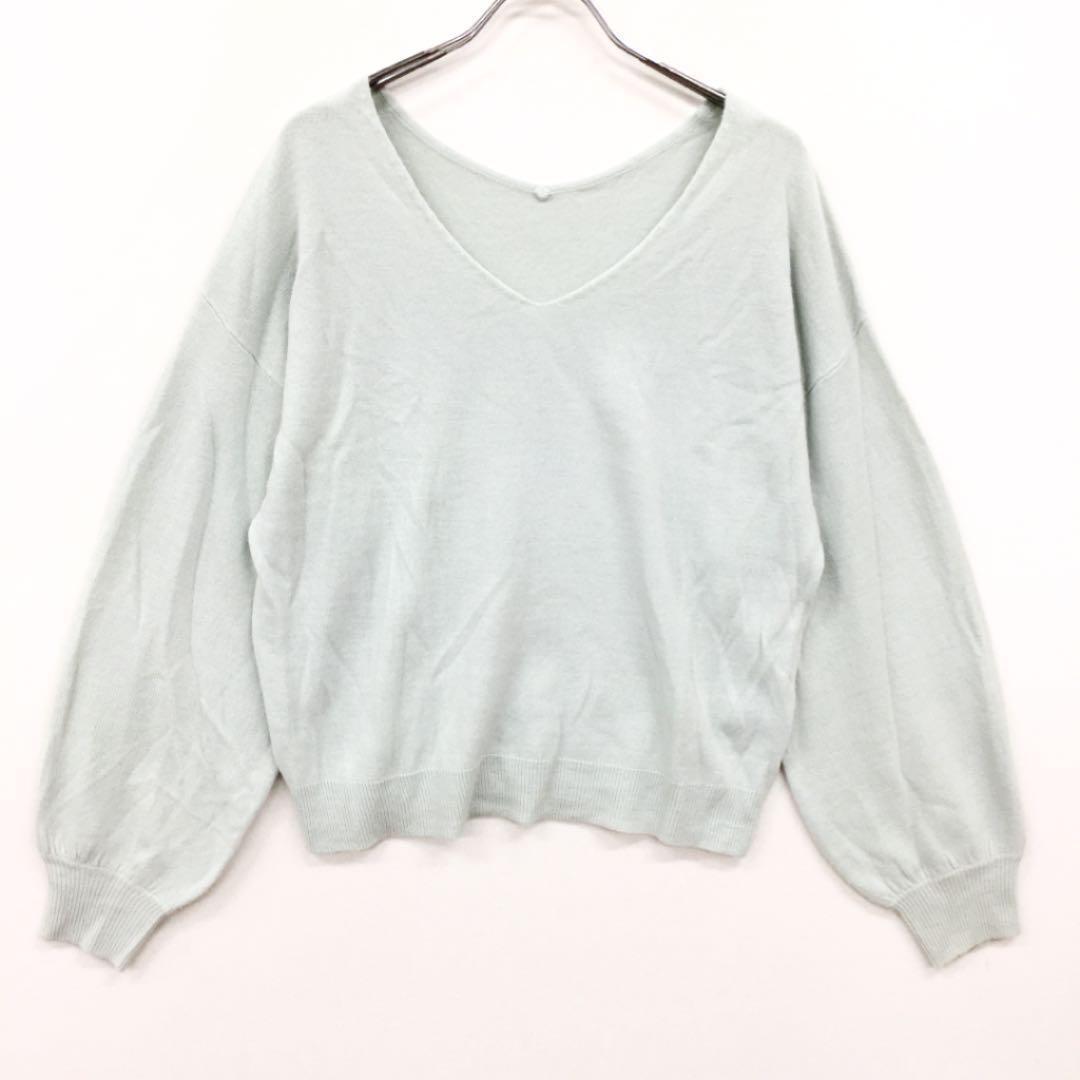 DURAS デュラス 袖ボリュームVネックニットトップス ミント拍卖