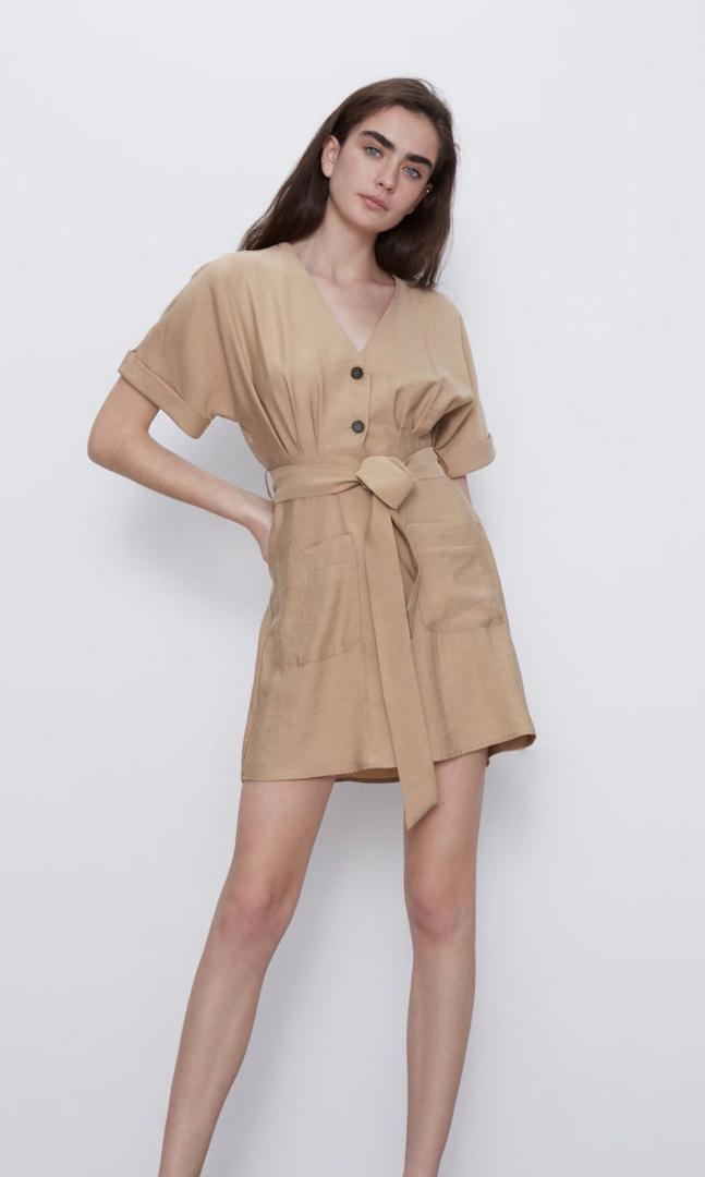 ZARA ザラ ウエストリボン 半袖シャツワンピース ベージュ拍卖