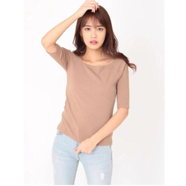 DURAS デュラス ワンショルダートップス 半袖リブトップス ベージュ拍卖