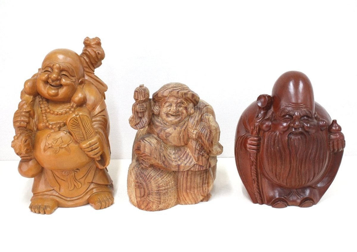 lb68■木彫りの置物◆布袋尊+大黒天+福禄寿◆3点セット◆高さ36cm~46cm◆七福神◆縁起物◆福の神◆木製彫刻◆和風インテリア◆オブジェ拍卖