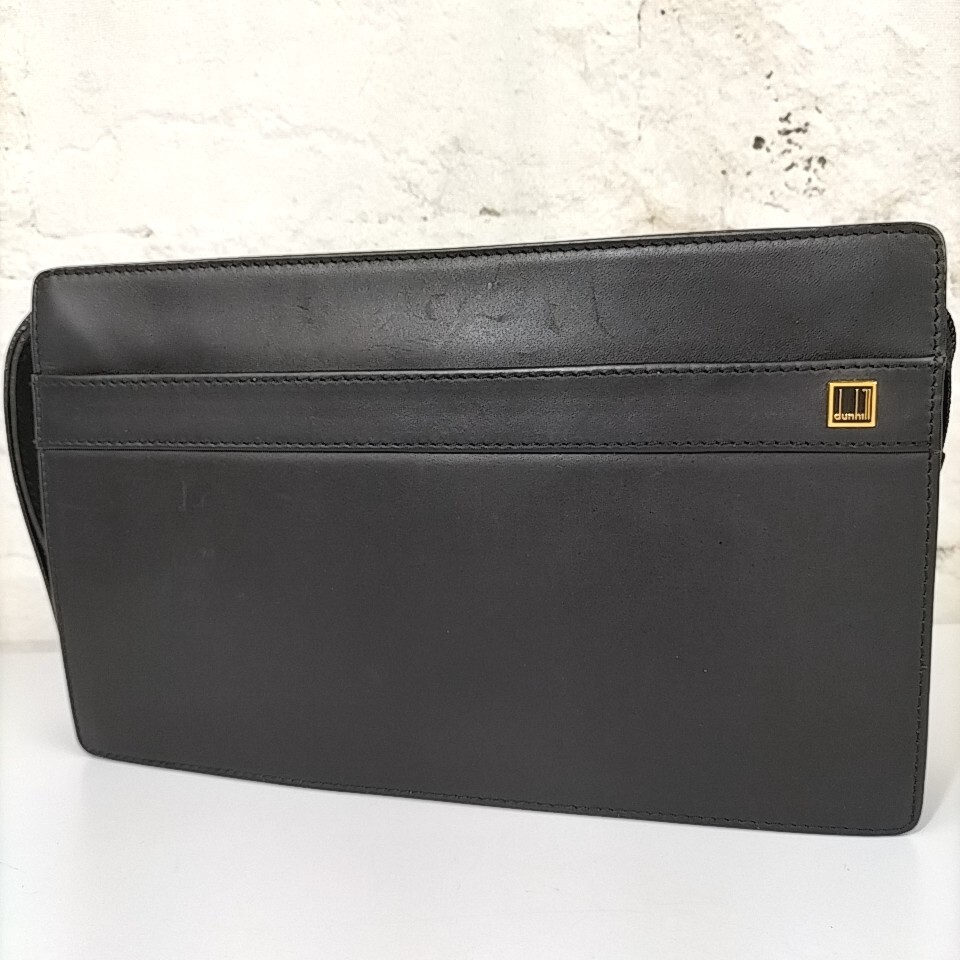 【 dunhill 】 ダンヒル ロゴメタル ゴールド金具 レザー クラッチ / セカンド バッグ 手持ち メンズバッグ 黒 ブラック D拍卖