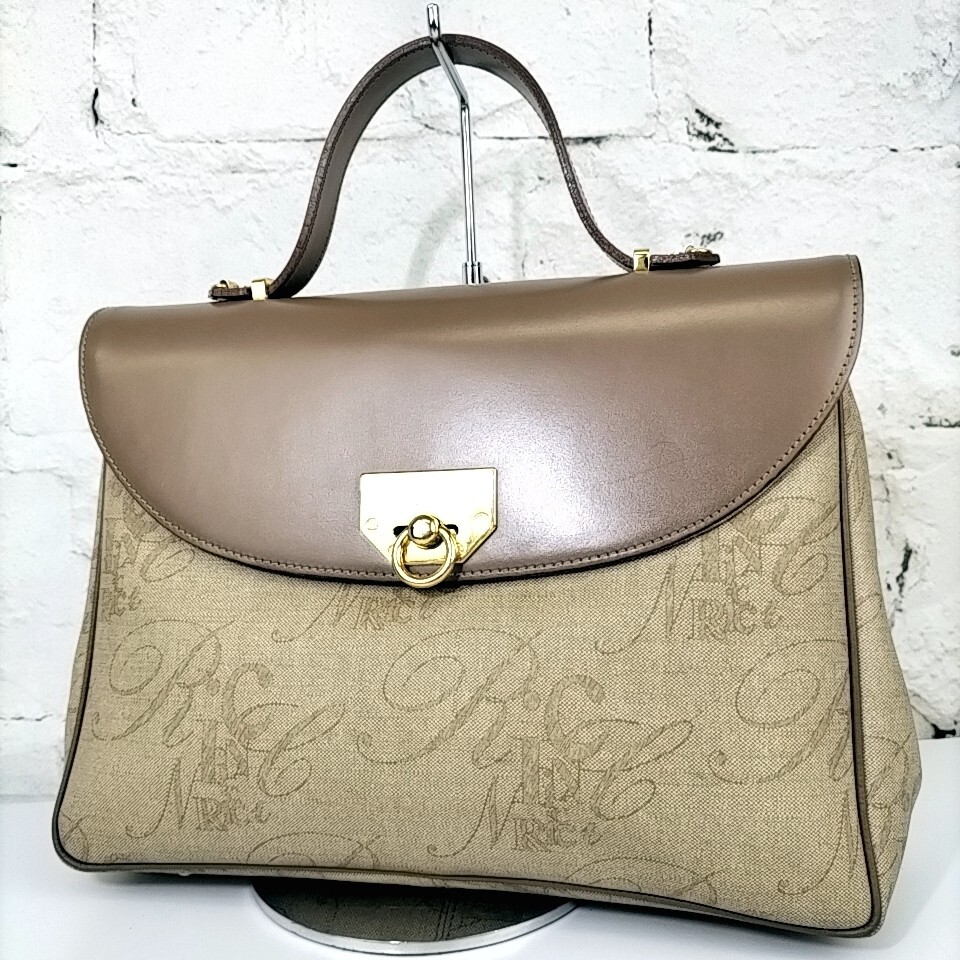 【 Nina Ricci 】 ニナリッチ ロゴ総柄 ゴールド金具 レザー ハンドバッグ 手提げ ミニトート レディースバッグ ベージュ系 ブラウン系 G拍卖