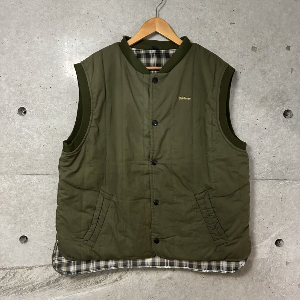90s BARBOUR キルティングベスト バブアー 裏地チェック カーキオリーブ 中綿 3ワラント ヴィンテージ ビンテージ レア 古着 UK製 L 97年製拍卖