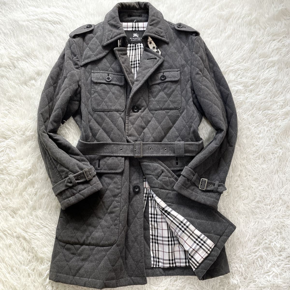 極美品●バーバリーブラックレーベル BURBERRY BLACK LABEL キルティング トレンチコート ロングコート ノバチェック グレー L相当拍卖