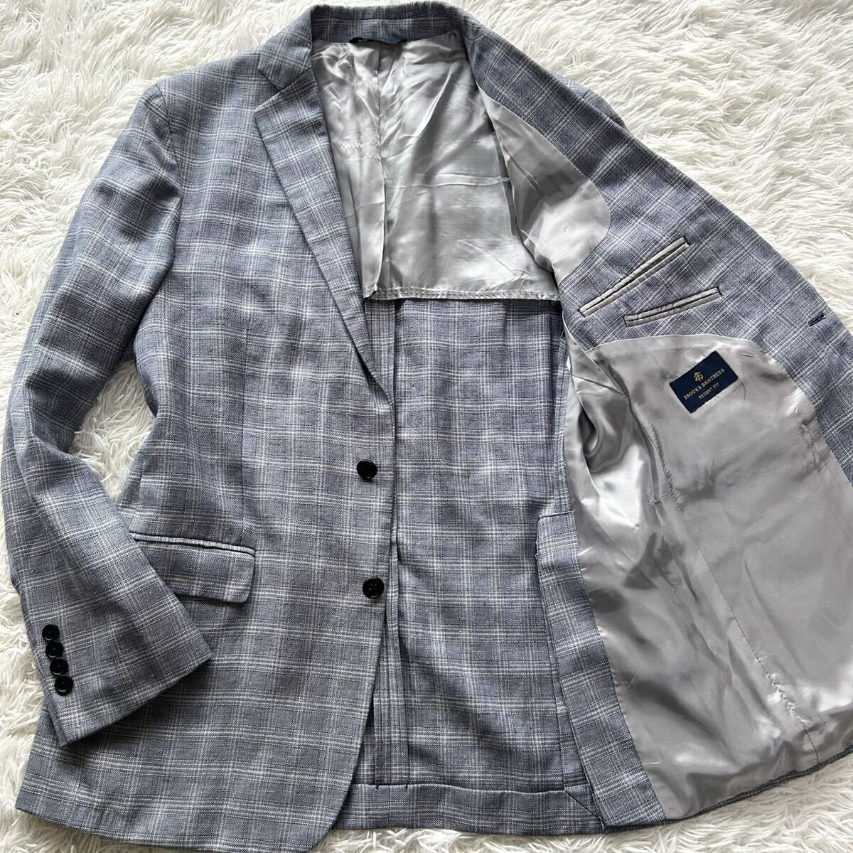 極美品●希少XL●BROOKS BROTHERS REGENT FIT ブルックスブラザーズ テーラードジャケット ブレザー チェック柄 リネン ウール グレー 42拍卖