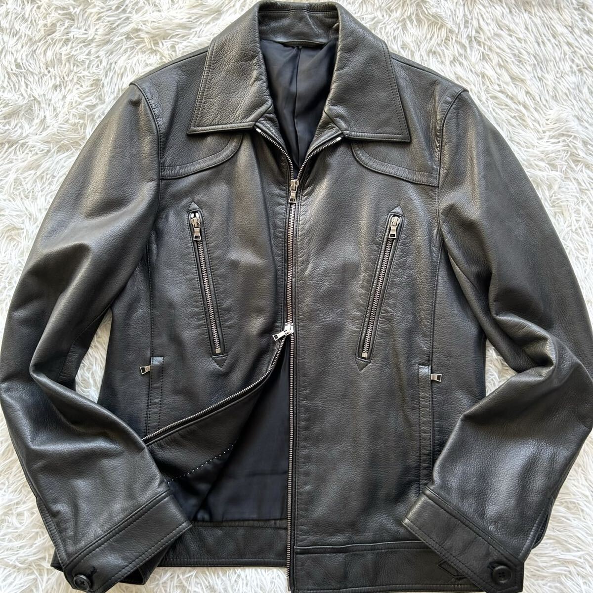 美品●ポールスミス レザージャケット レザーブルゾン シングルライダース PS Paul Smith 牛革 本革 黒 ブラック Lサイズ相当拍卖