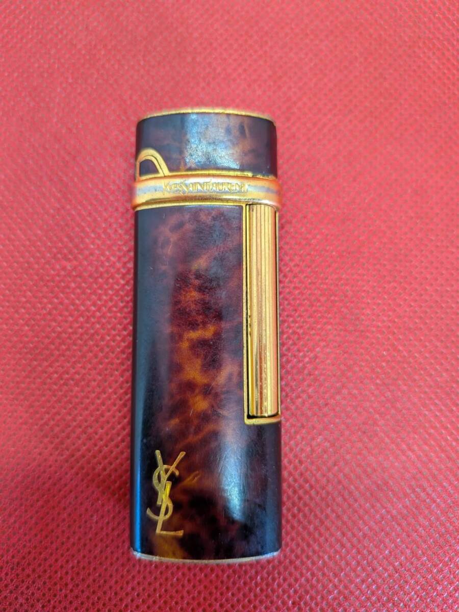 YSL Yves Saint Laurent イブ・サンローラン ガスライター 火花未確認 茶 金 中古 現状品 ローラー式 ロゴ 拍卖