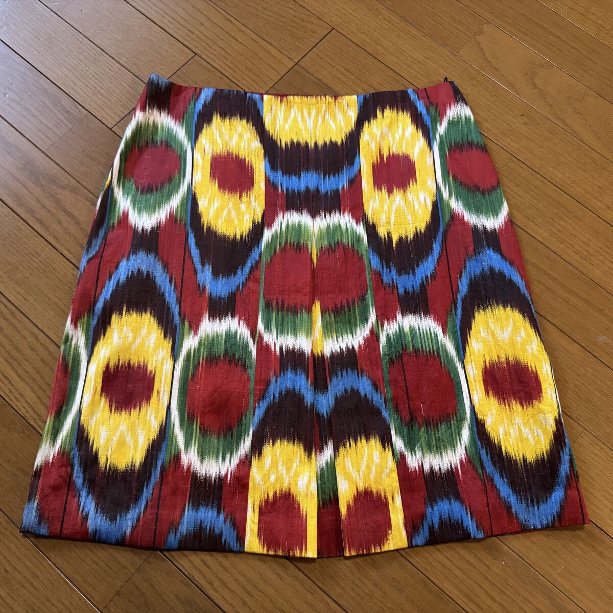 ●民族ヴィンテージ生地イカット柄リメイク台形センターボックスプリーツスカート拍卖