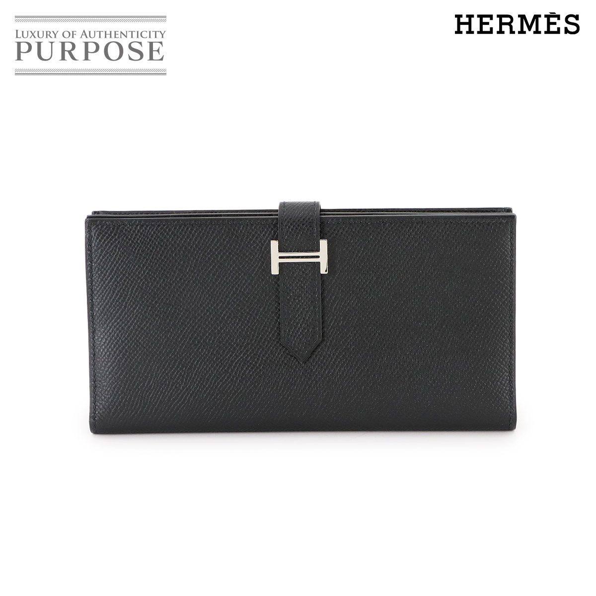 新品同様 エルメス HERMES ベアンスフレ 二つ折り 長財布 エプソン ブラック □L刻印 シルバー 金具 Bearn Soufflet 90297083拍卖