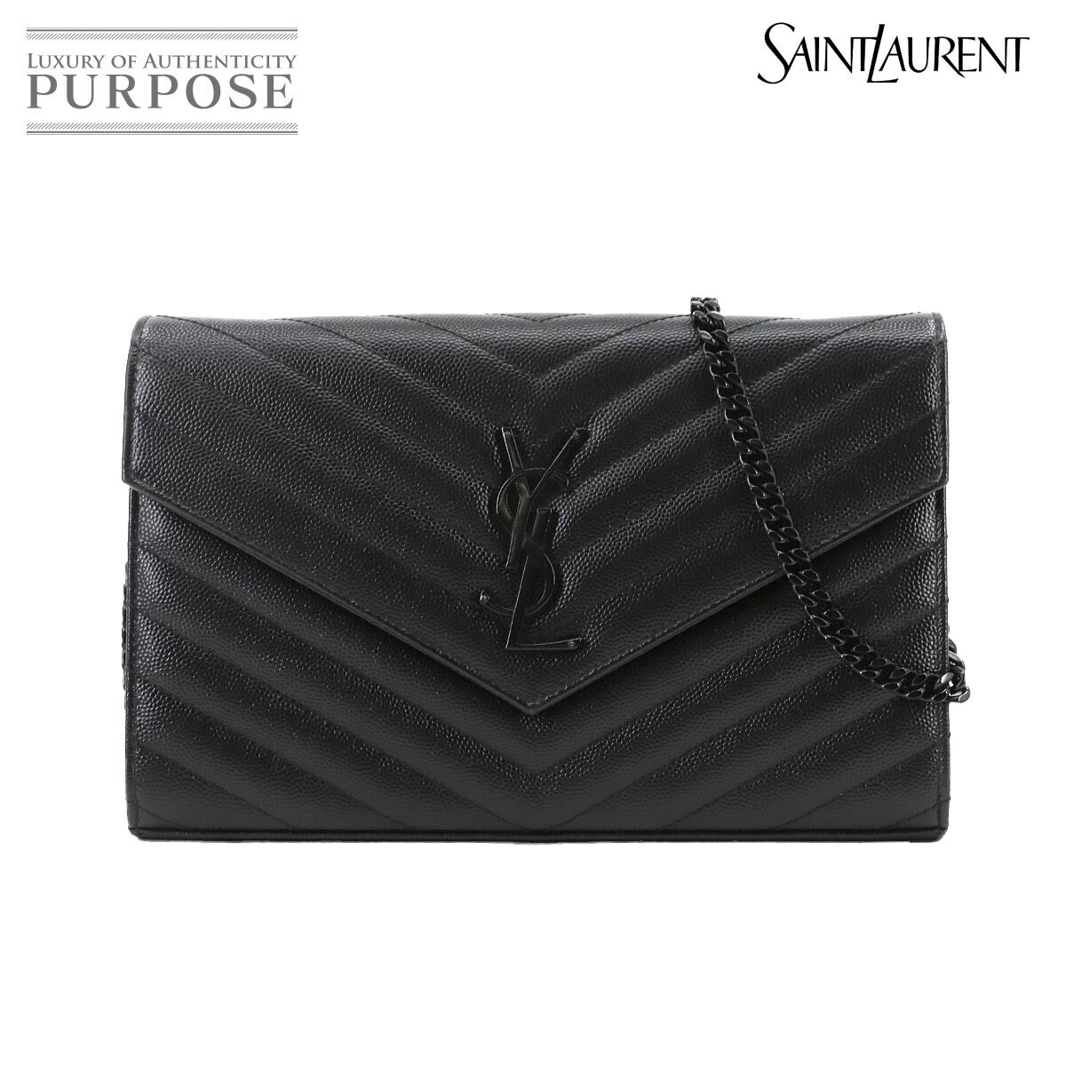 新品同様 サンローラン SAINT LAURENT カサンドラ チェーン ウォレット 長財布 レザー ブラック 377828 シルバー 金具 90296897拍卖