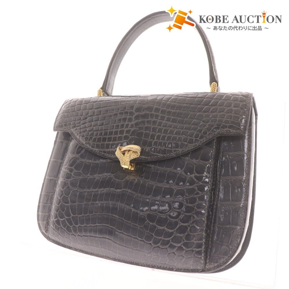 ■ トートバッグ ハンドバッグ 鞄 ワニ革 クロコダイル 金具 マーク レディース ネイビー拍卖