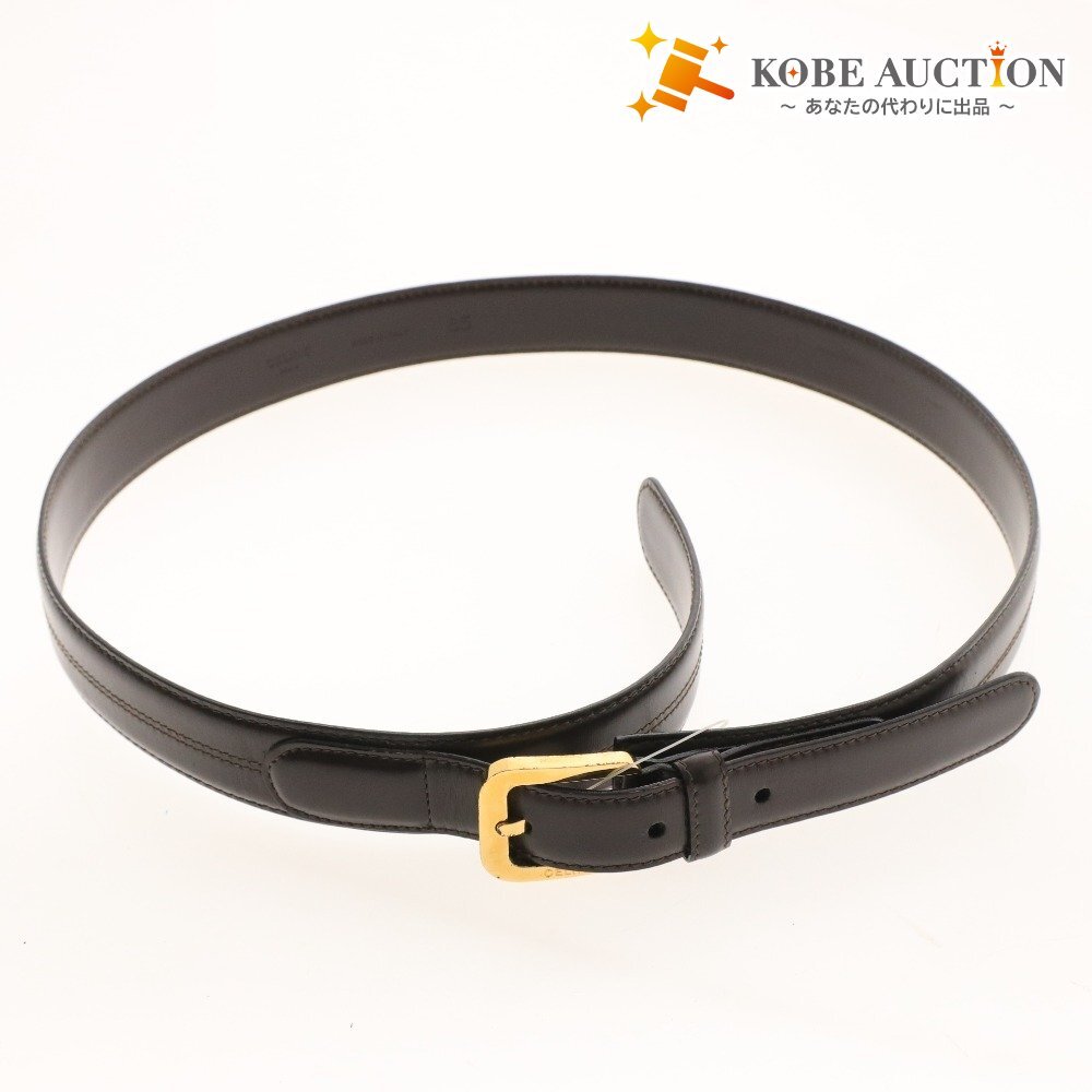 ■ CELINE セリーヌ ベルト ゴールド金具 バックル ロゴ 85 メンズ ダークブラウン 箱付き拍卖