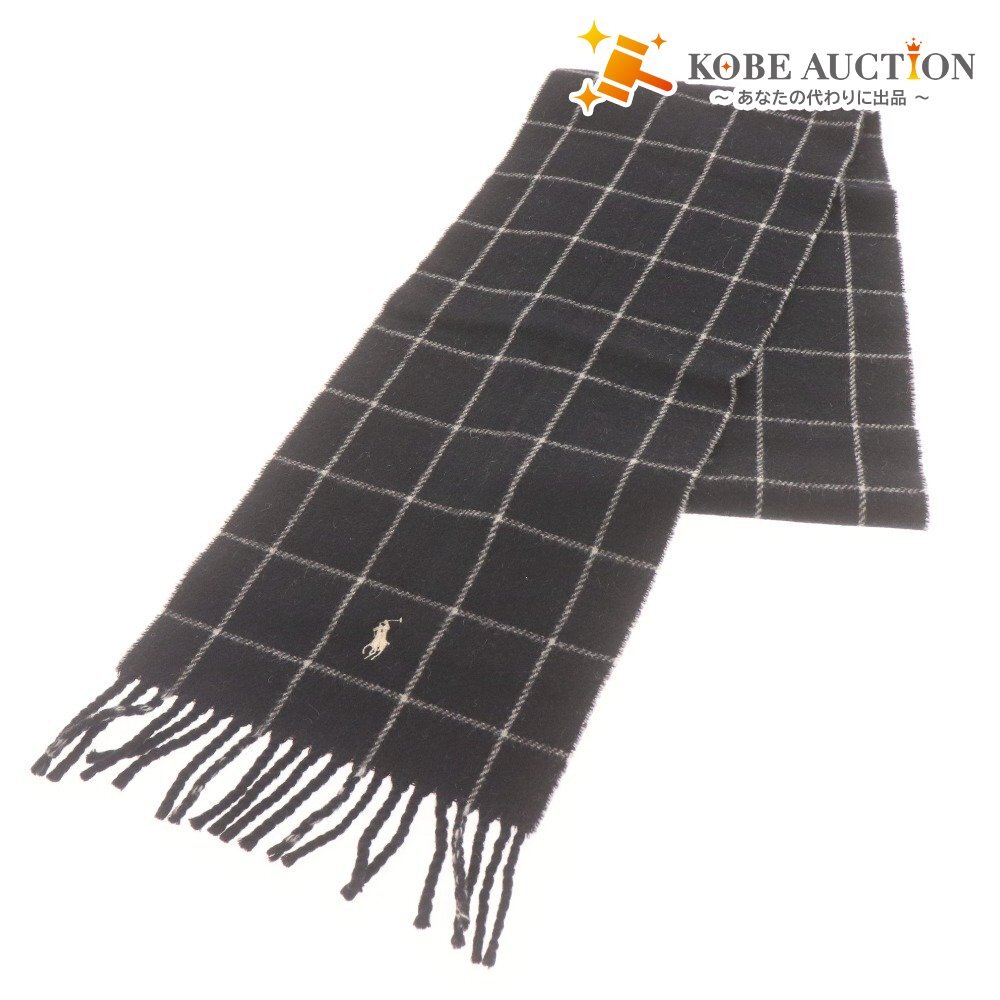 ■ Polo Ralph Lauren ポロラルフローレン マフラー チェック柄 イタリア製 ラムウール ナイロン メンズ レディース グレー ブラック 黒拍卖