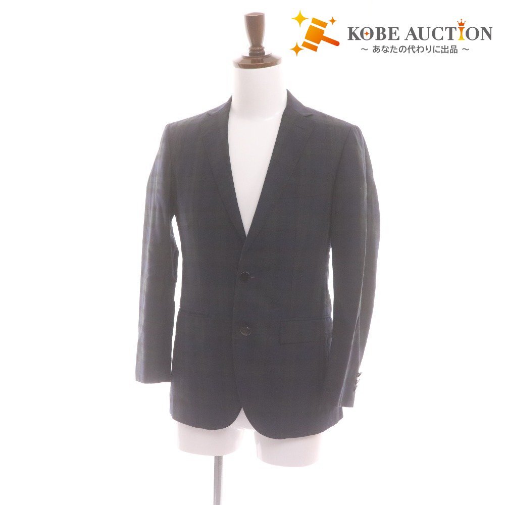 ■ EDIFICE エディフィス テーラードジャケット 長袖 アウター 襟 ボタン 胸ポケット チェック柄 日本製 メンズ 44 (S相当) ネイビー系拍卖