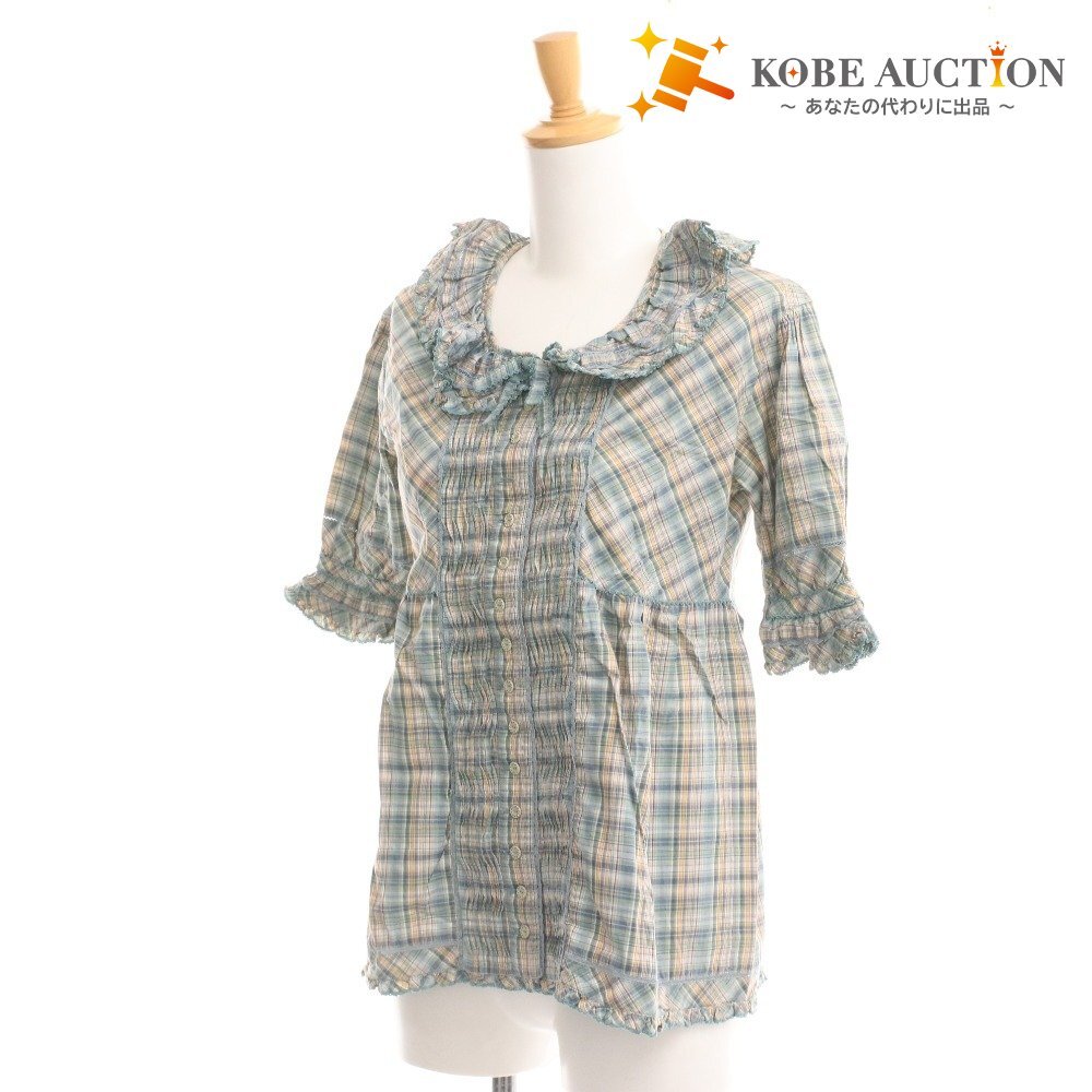 ■ ピンクハウス ブラウス 半袖 トップス チェック フリル リボン レディース グリーン系拍卖