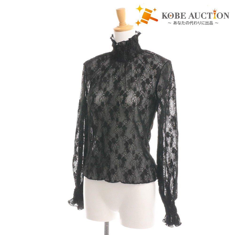 ■ インゲボルグ ブラウス 長袖 トップス レース ハイネック フリル レディース S ブラック拍卖