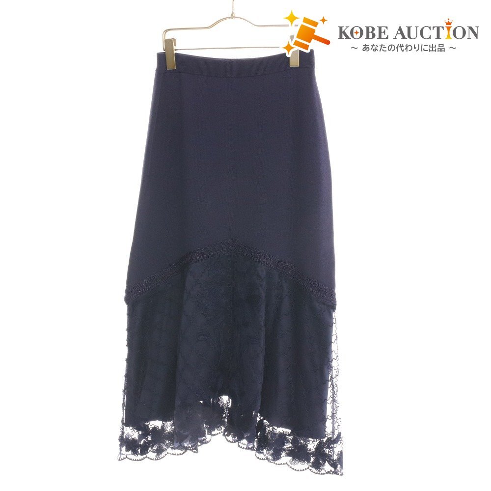 ■ グレースコンチネンタル ロングスカート 0123223059 ボトムス レース フラワー ニット レディース 36(S相当) ネイビー タグ付き 未使用拍卖