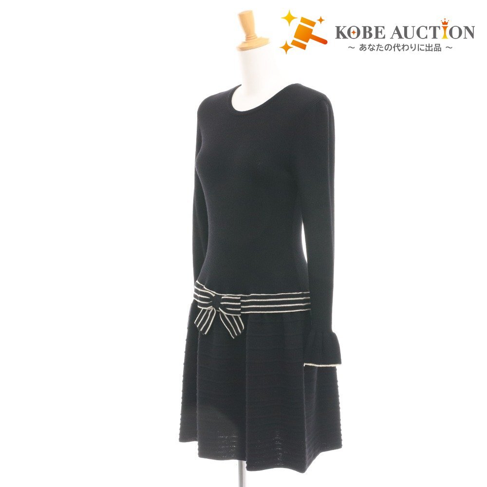 ■ エムズグレイシー ニットワンピース ひざ丈 TZ-328570-2 日本製 お花 ベルスリーブ レディース 40(L相当)ブラック 付属品付き 未使用拍卖