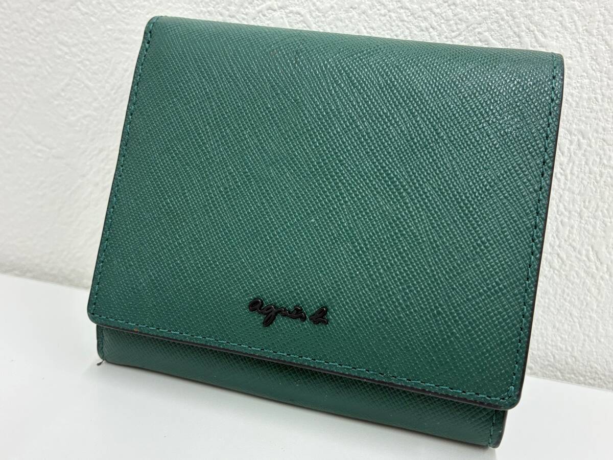 ★☆ agnis b./アニエス・ベー 二つ折り財布 カラー グリーン色 コンパクト財布 レザー 小銭スレ無し 中身奇麗 箱無し ★☆ №32拍卖