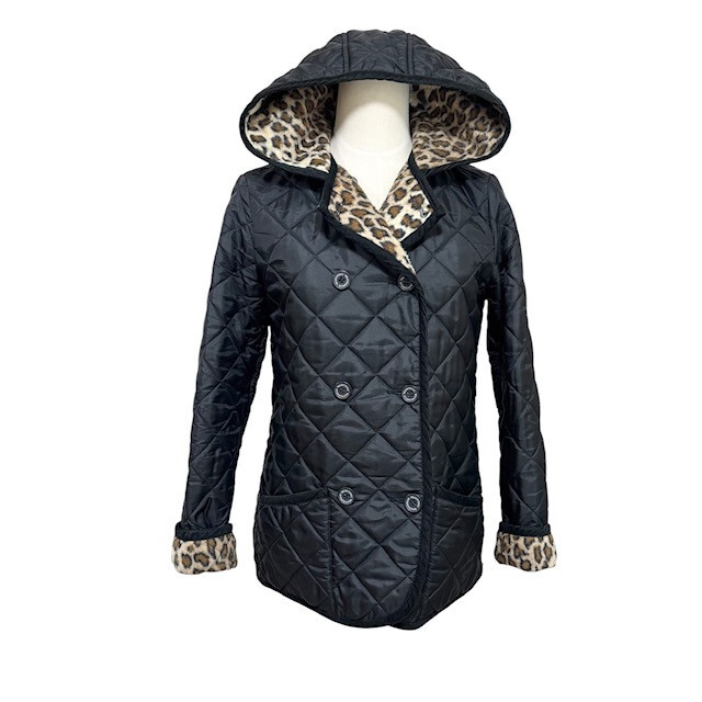 古着 トラディッショナルウェザーウェア キルティングジャケット クリーニング済み 黒 ヒョウ柄 レディース サイズ34拍卖