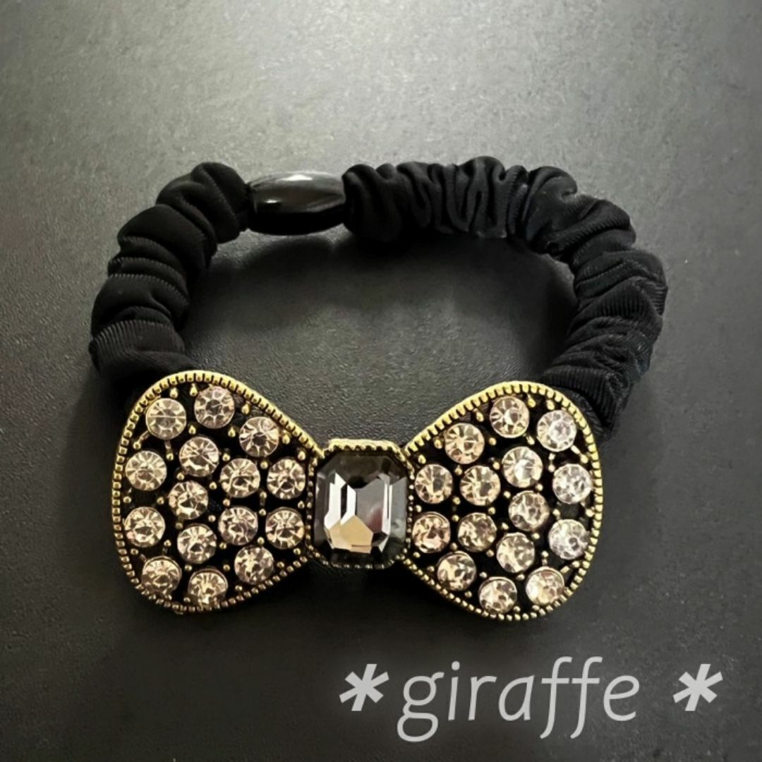 E392 匿名配送 ヘアゴム シュシュ リボン ラインストーン ブラック 髪ゴム ヘアアクセサリー拍卖