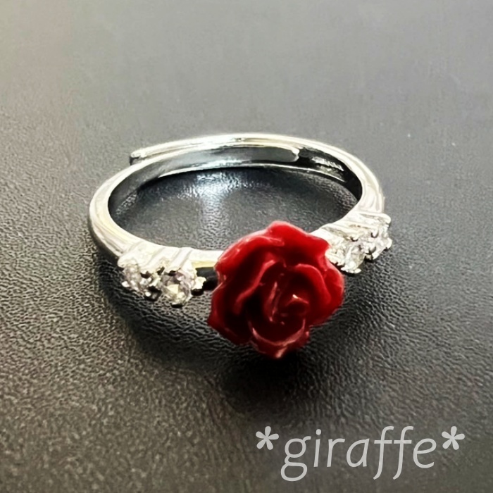 A771 匿名配送 指輪 レディース リング ローズ 薔薇 赤 レッド シルバー フリーサイズ サイズ調節可能 ジルコニア拍卖