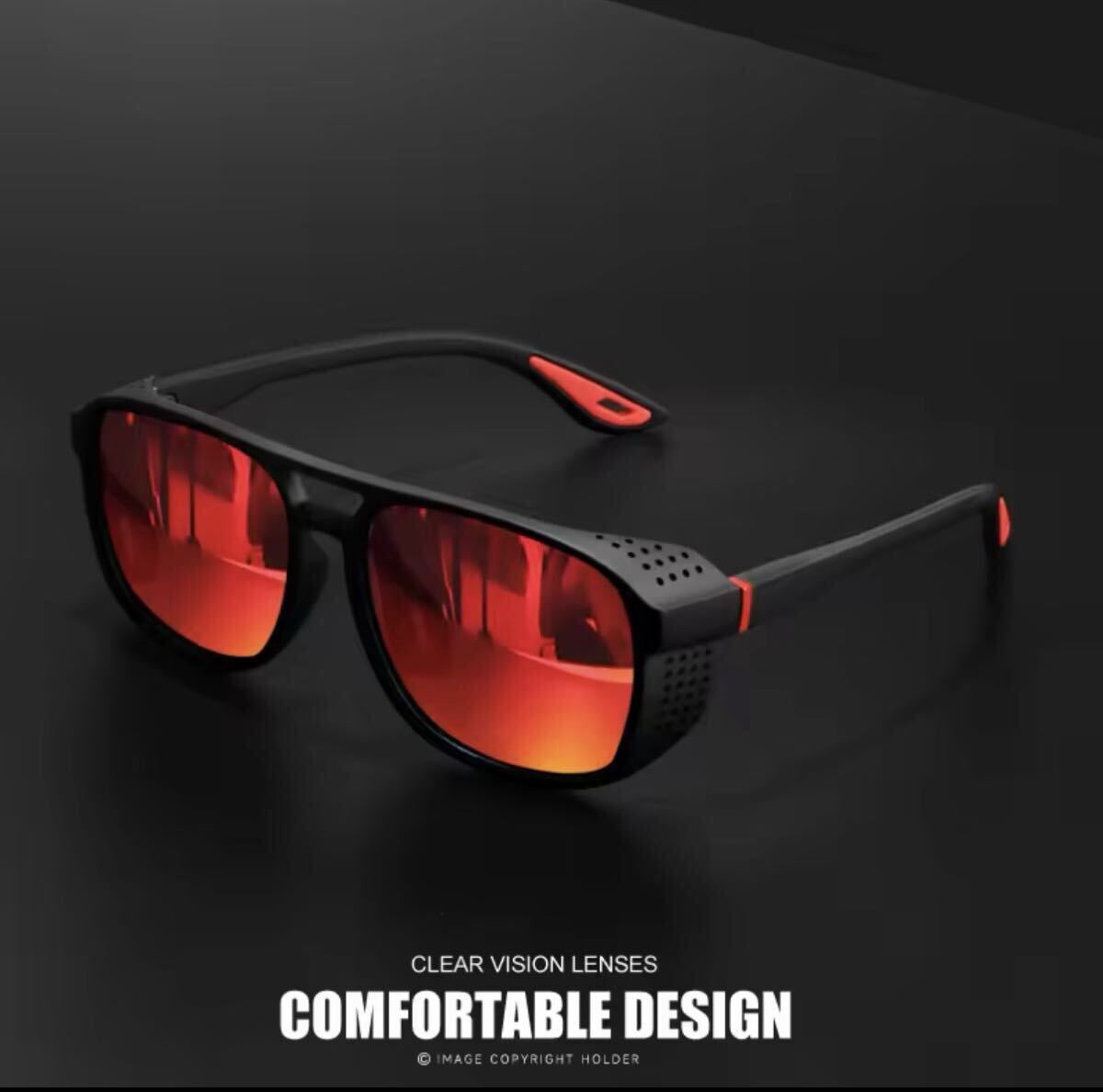 バイカーズサングラス スポーツサングラス ブラック×レッド フルミラーレンズ メンズ UV400 バイク アウトドア用拍卖