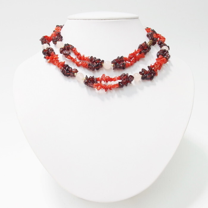 珊瑚 ローズクォーツ ガーネット ロング ネックレス拍卖