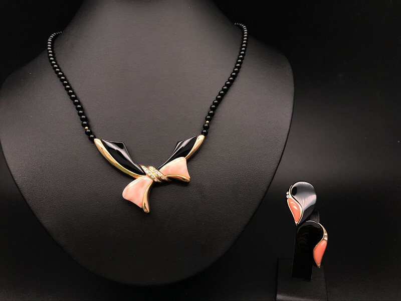 珊瑚 オニキス ネックレス & イヤリング 2点セット拍卖