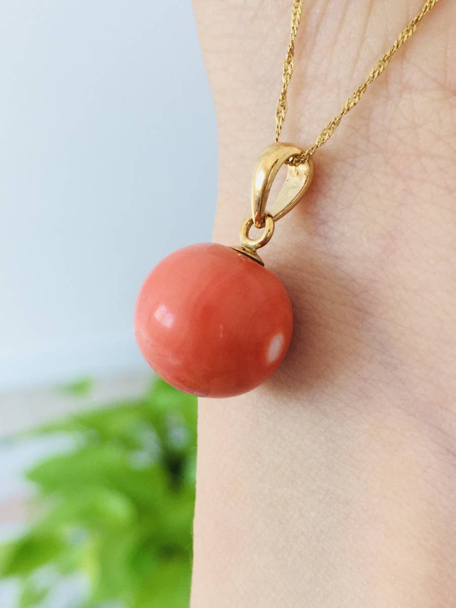 サンゴ 珊瑚13mm ネックレス ペンダント K18拍卖