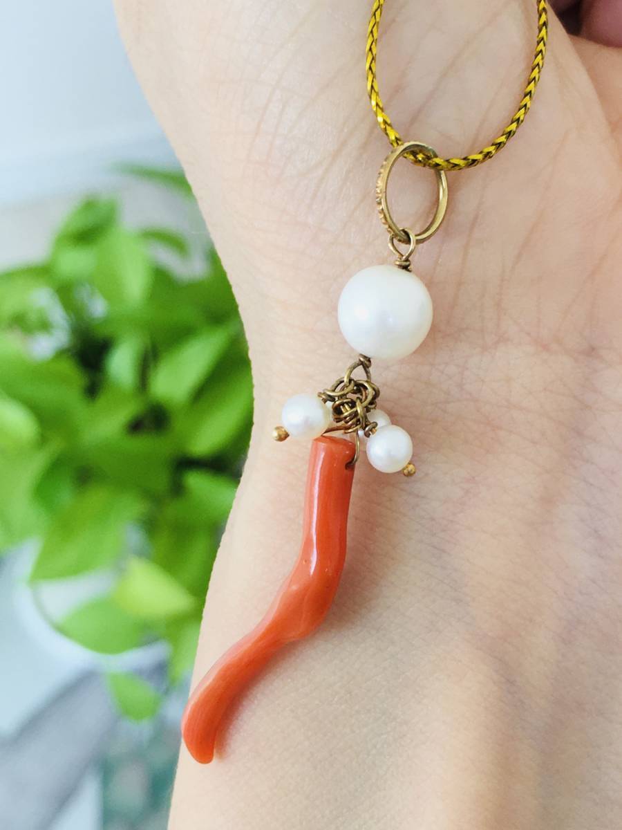 サンゴ 珊瑚 ネックレス ペンダントトップ 真珠 K18拍卖