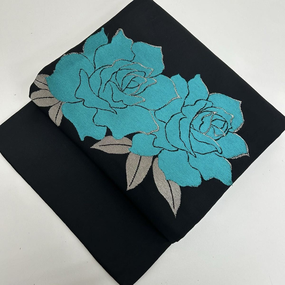 セミアンティーク 名古屋帯 黒地に薔薇 素敵な加工 九寸 正絹 着物 F-312拍卖