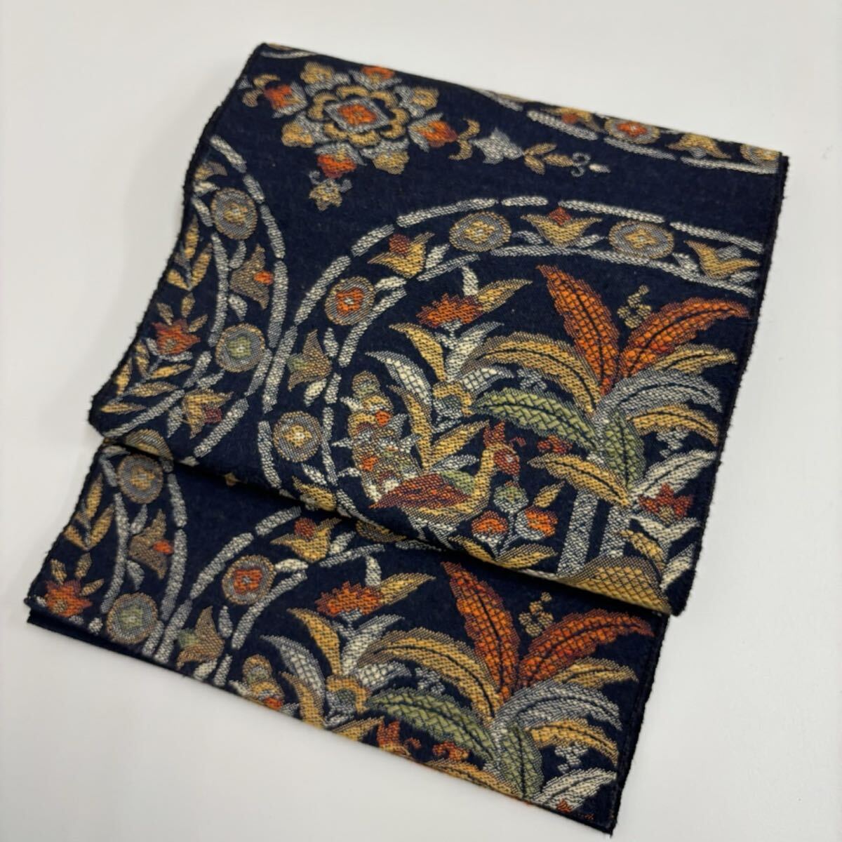 名古屋帯 更紗 丸に草花に鳥 紬 八寸 正絹 着物 F-571拍卖