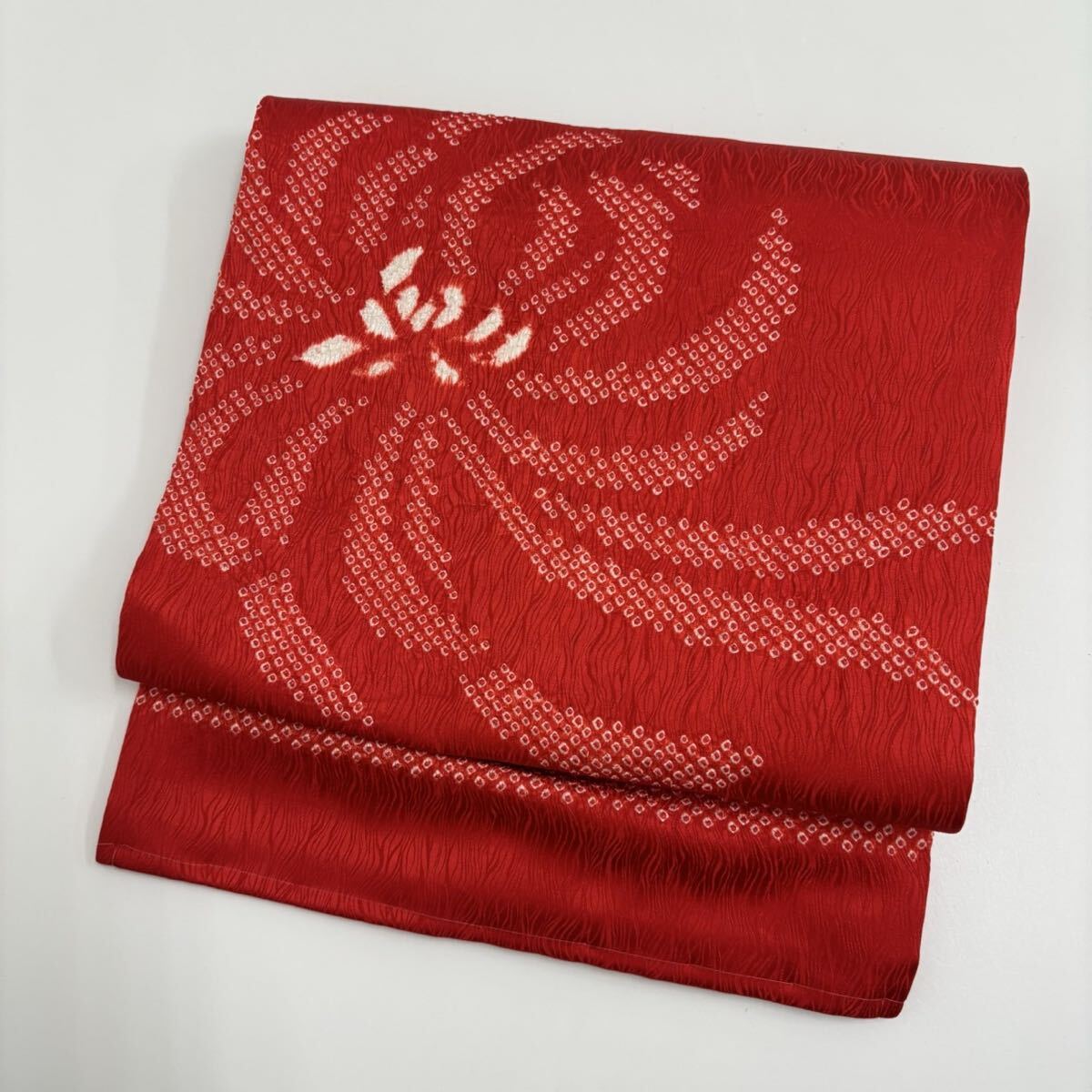 名古屋帯 正絹 絞りの花菱 光沢 九寸 F-643拍卖