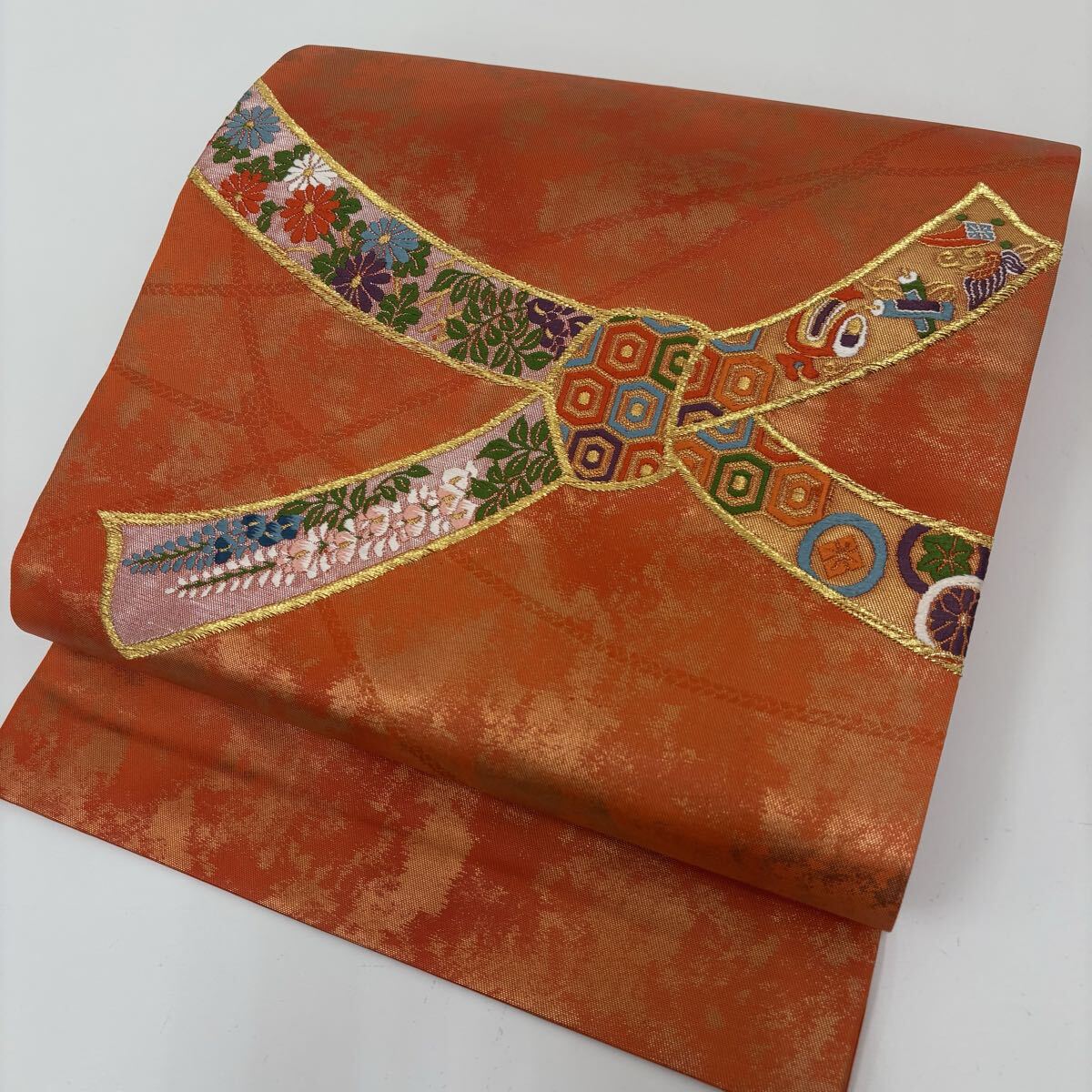 名古屋帯 正絹 美しい花 熨斗目 九寸 着物 F-861拍卖