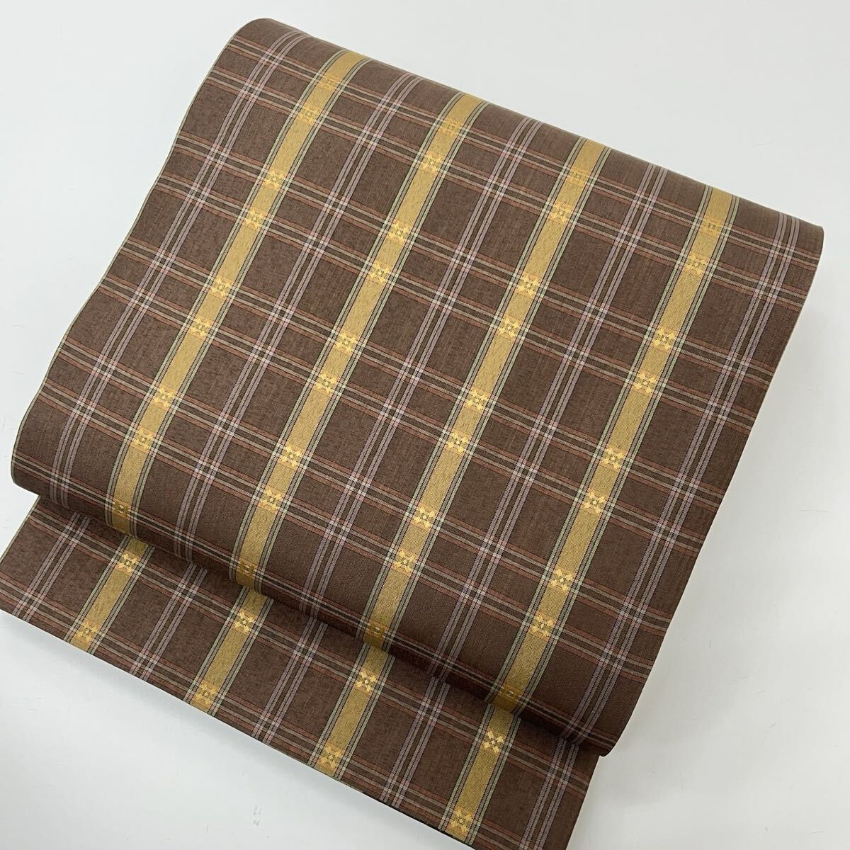 京袋帯 正絹 格子に花織 リバーシブル 着物 F-785拍卖