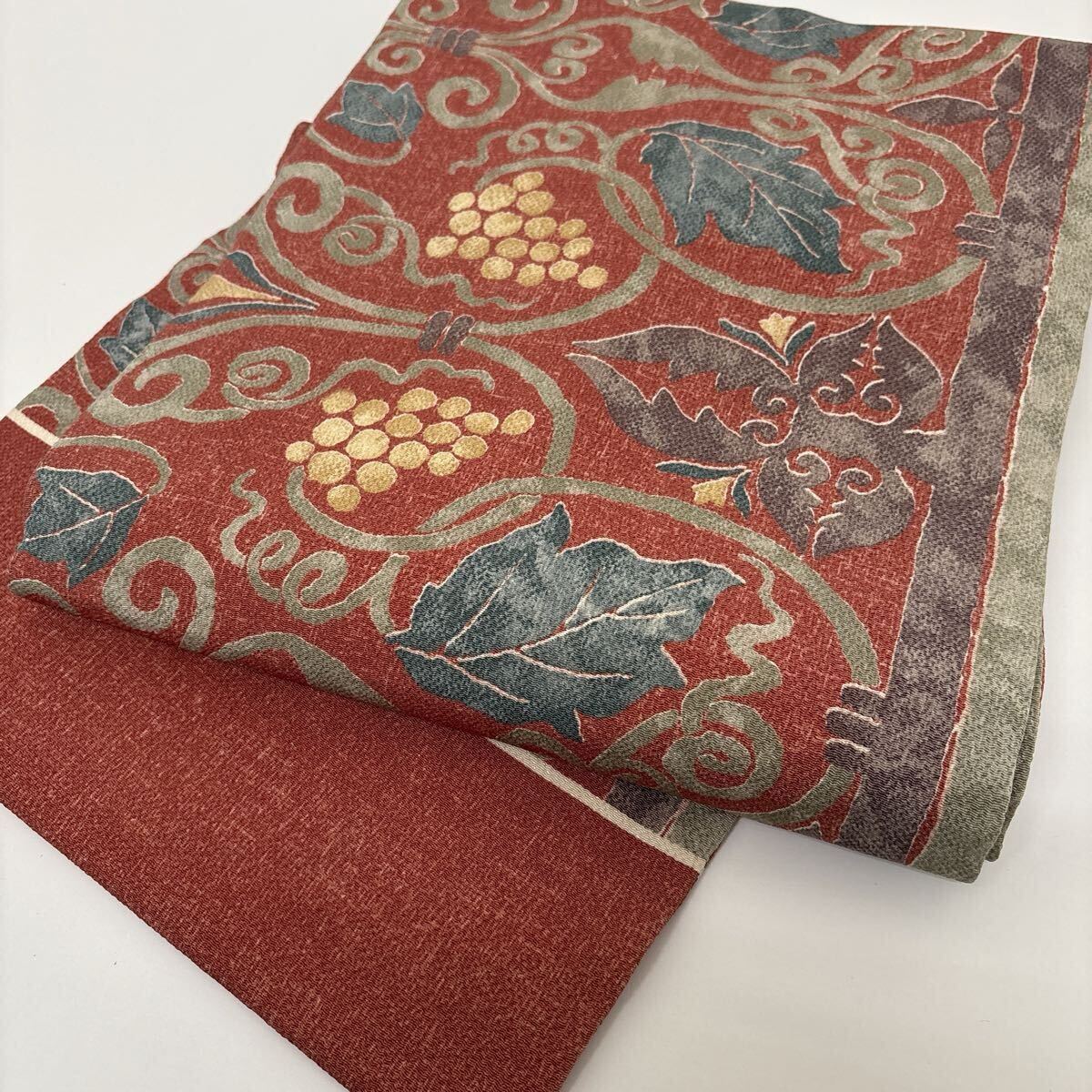 名古屋帯 ちりめん 葡萄の染め 素敵な加工 九寸 正絹 着物 F-935拍卖