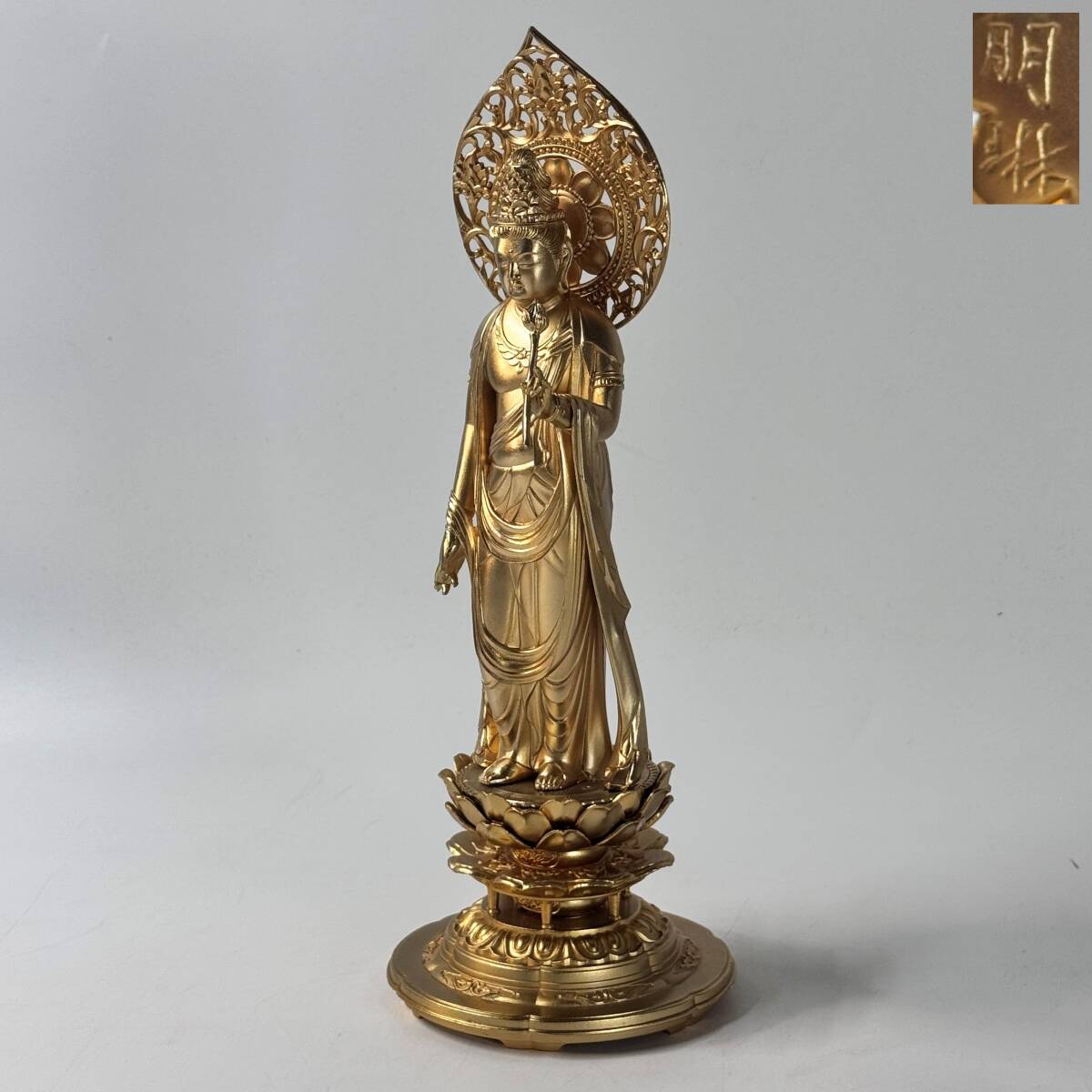 【20045Q】久松明琳 明琳銘 観音菩薩 立像 高岡銅器 金メッキ 高さ26.5㎝ 重量1.3kg 経年保管品 現状品 拍卖