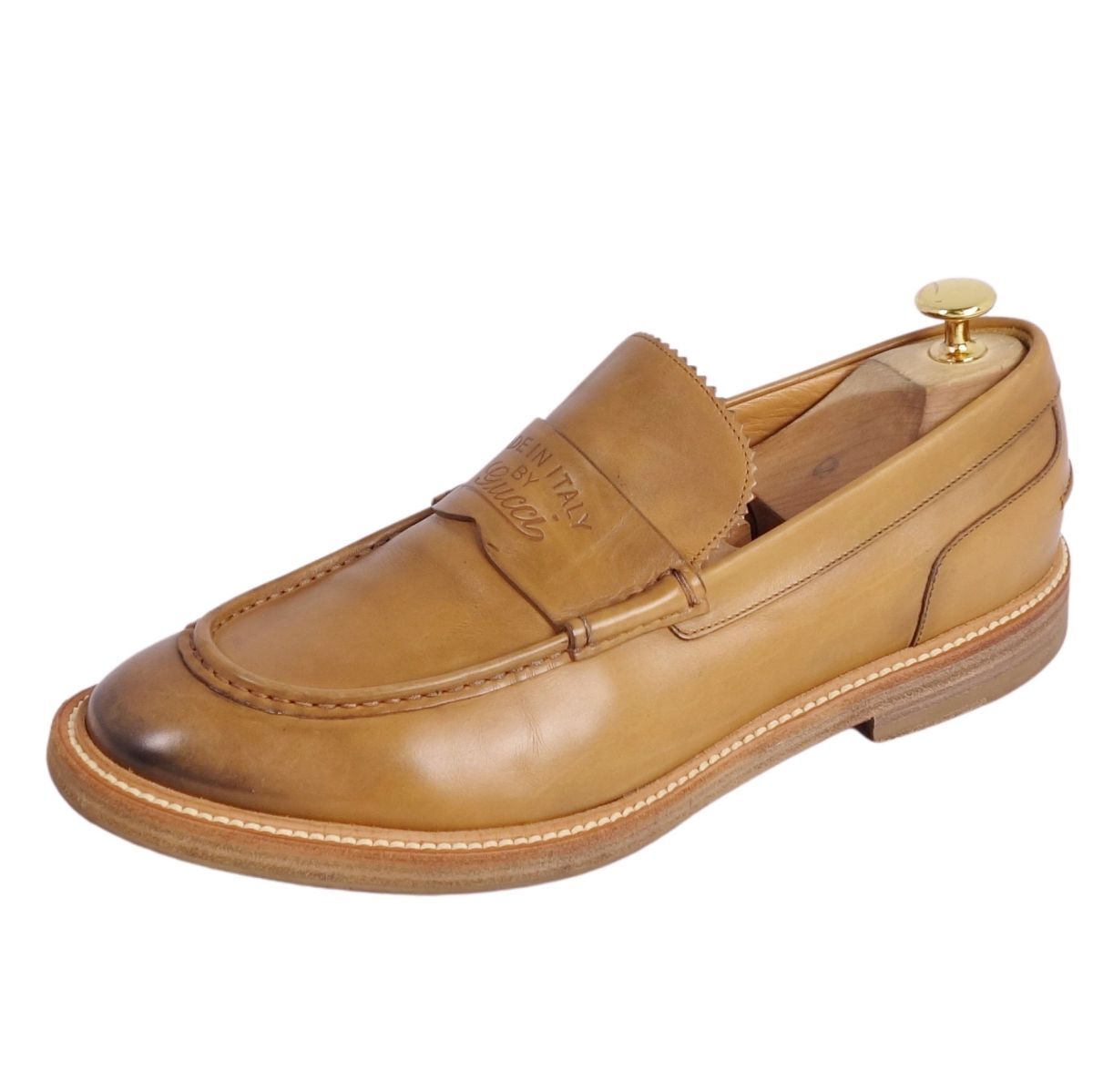 美品 グッチ GUCCI ローファー モカシン ビジネスシューズ ヴィンテージ加工 革靴 メンズ 7.5(26.5cm相当) ブラウン ce10mb-rm07e33877拍卖