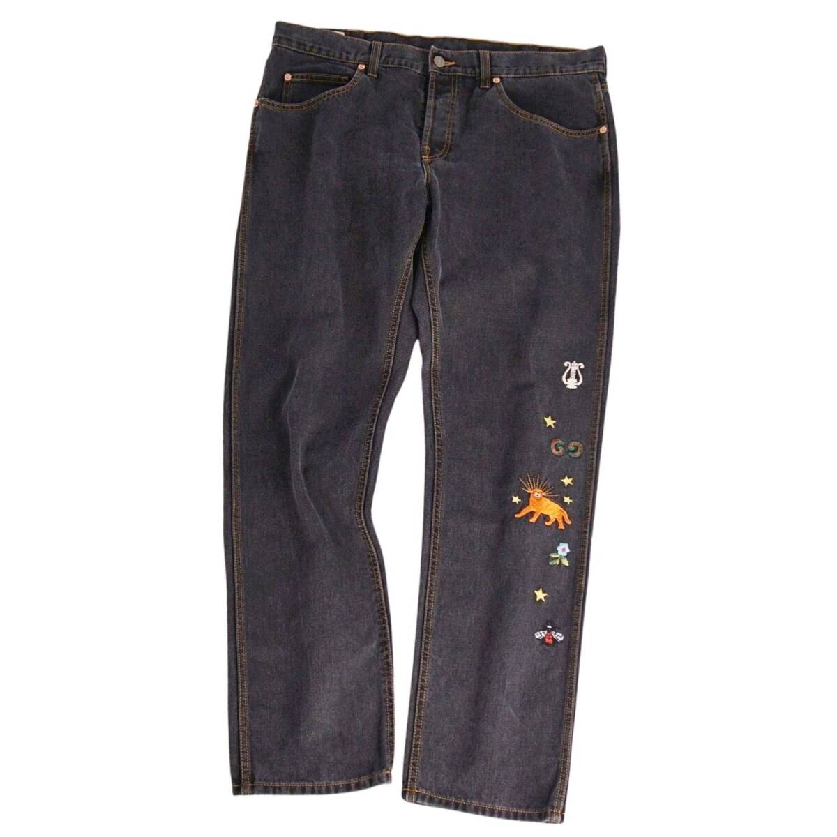 美品 グッチ GUCCI パンツ デニムパンツ ジーンズ ストレート 刺繍 コットン ボトムス メンズ 38 ブラック ce10dr-rm10f13654拍卖
