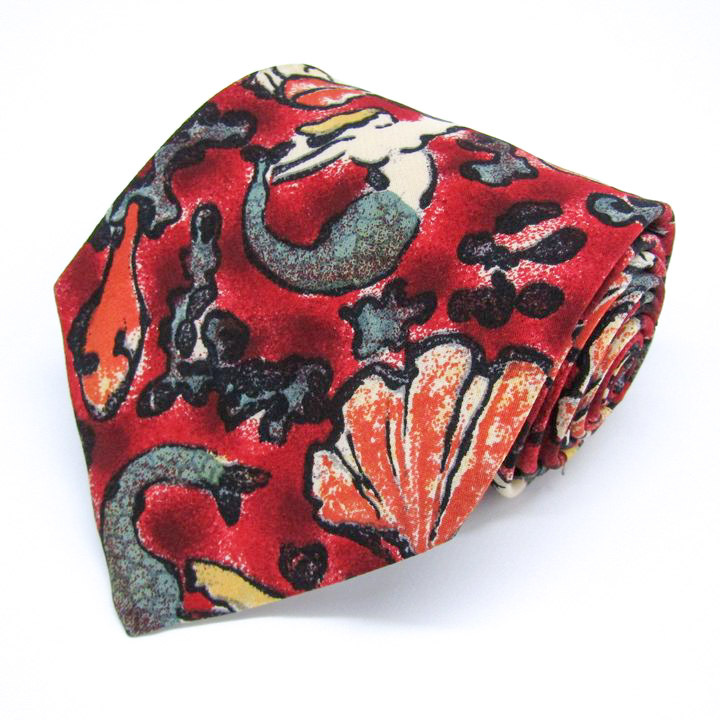 イヴ・サンローラン ブランド ネクタイ マーメイド 総柄 シルク 伊製生地 USA製 PO メンズ レッド YVES SAINT LAURENT拍卖