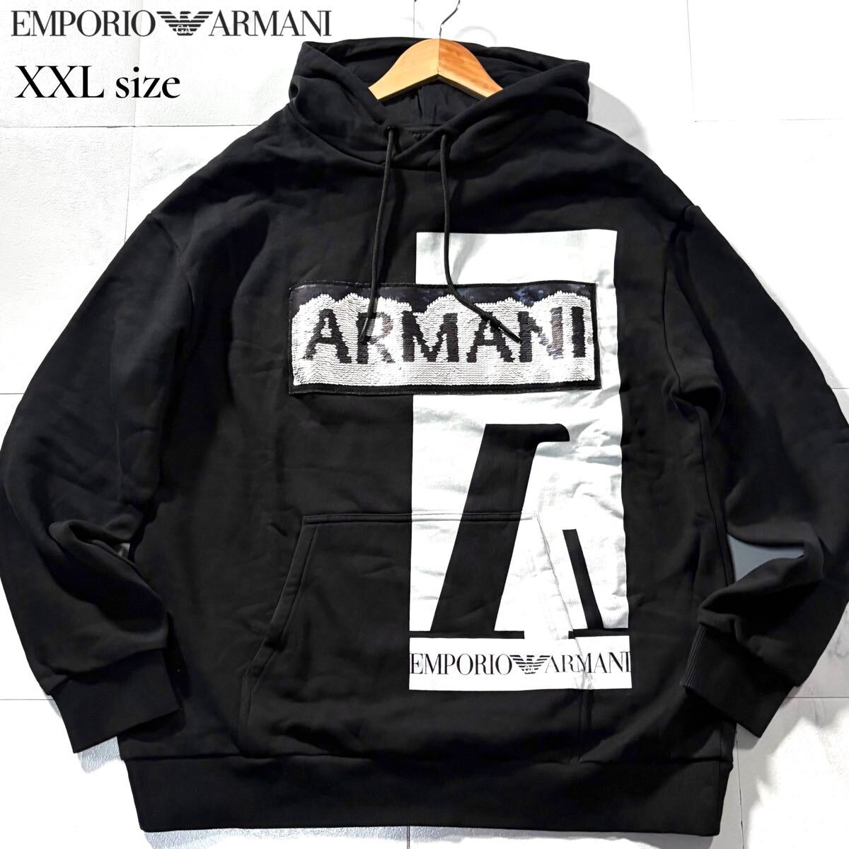 極美品/XXLサイズ●EMPORIO ARMANI エンポリオ アルマーニ パーカー プルオーバー トレーナー 2wayロゴ メタル ビーズ ビジュー 黒 3L拍卖