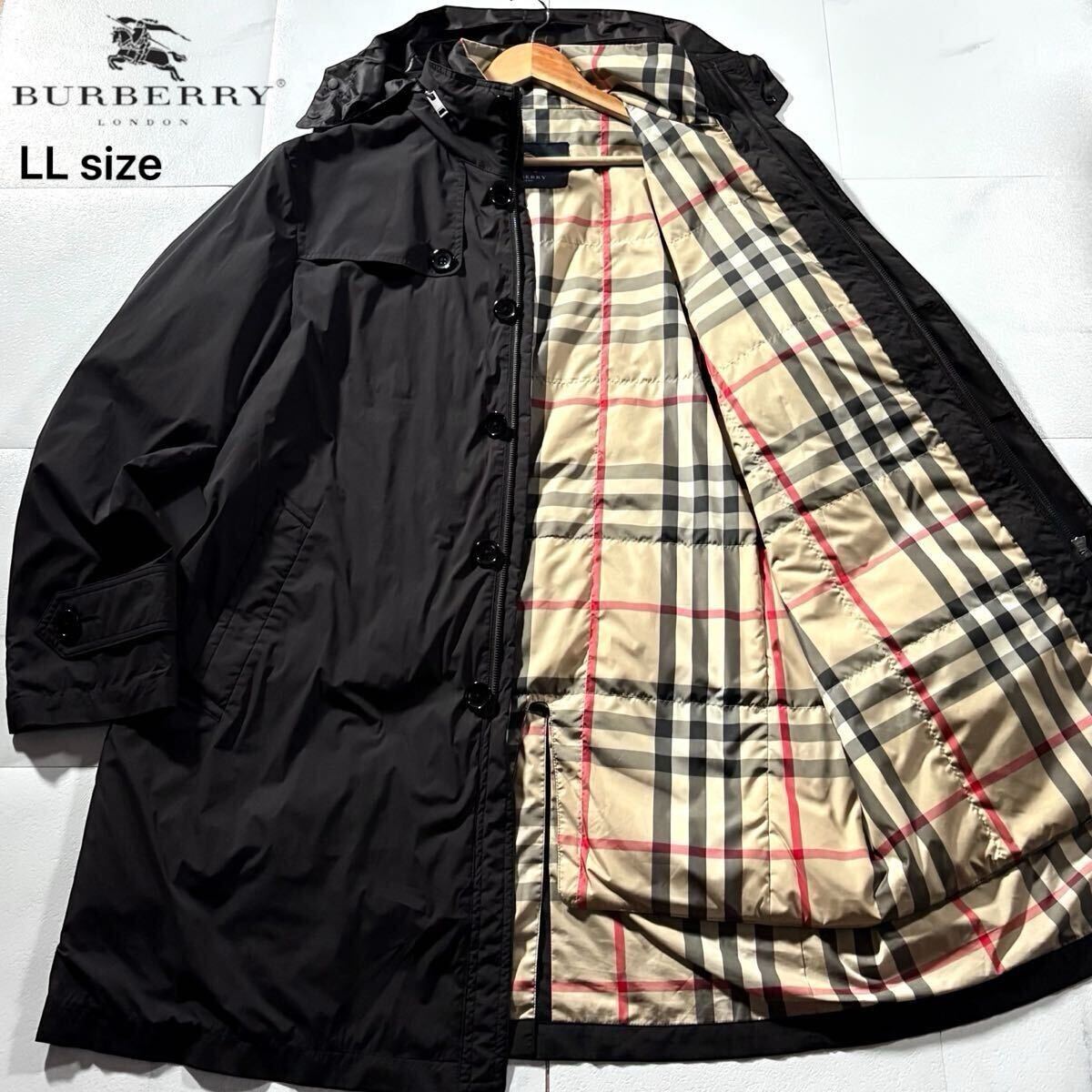 極美品/XLサイズ●極暖 BURBERRY LONDON バーバリーロンドン ダウンライナー付き フード収納式 スタンドカラーコート ノバチェック 黒拍卖